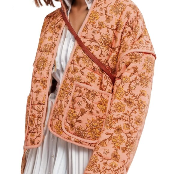 Jackets & Blazers - Women's Floral Quilted Cropped Puffer Jacket Open Front Lightweight